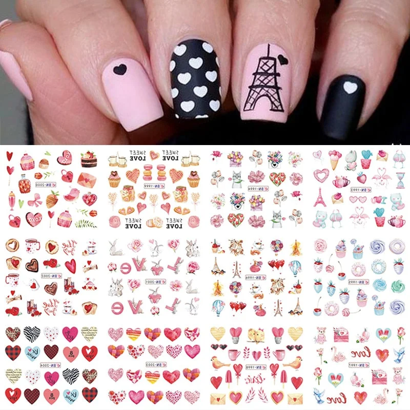 12pcs Valentines Manicures Love Letter Flower Transfer Stickers For Nails Inscriptions Nail Art Decoration Water Sliders Tips