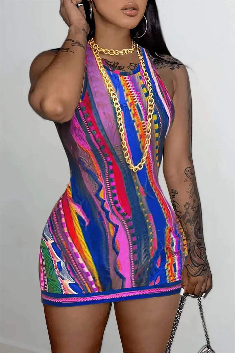 Street Print Patchwork O Neck Pencil Skirt Dresses