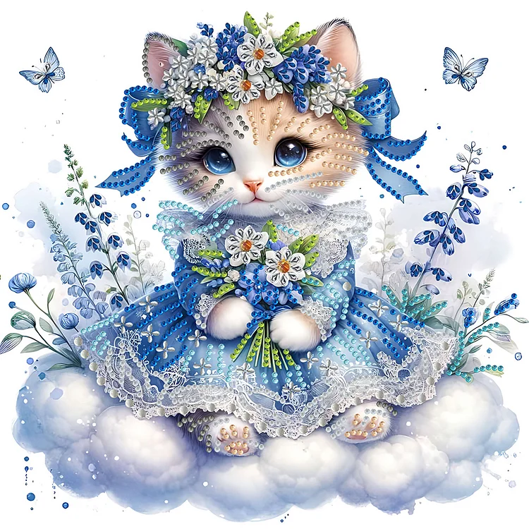 Partial Special-Shaped Diamond Painting - Little Kitten With Bouquet 30*30CM