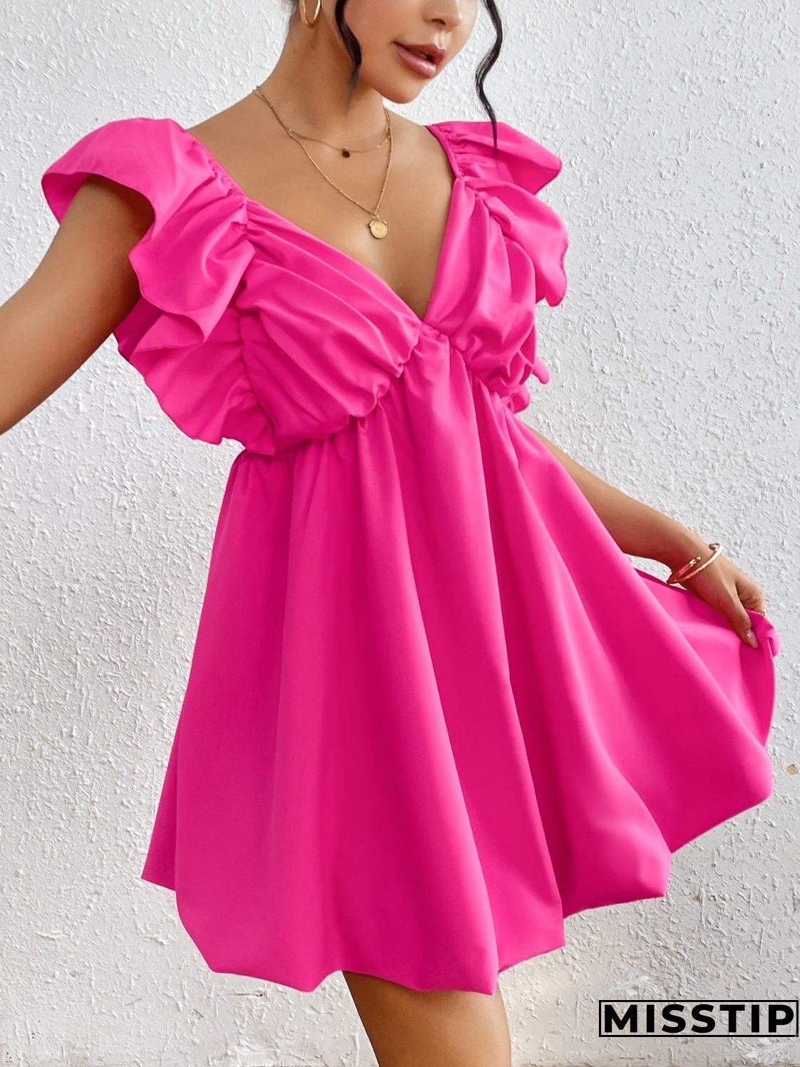 Ruffled V-Neck Cap Sleeve Mini Dress