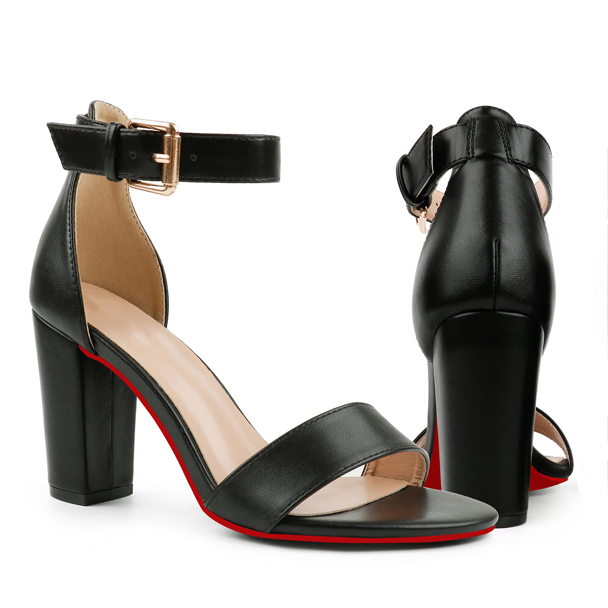 90mm Women's Chunky Heel Sandals Red Bottom High Heels Open Toe Ankle Strap Shoes-MERUMOTE