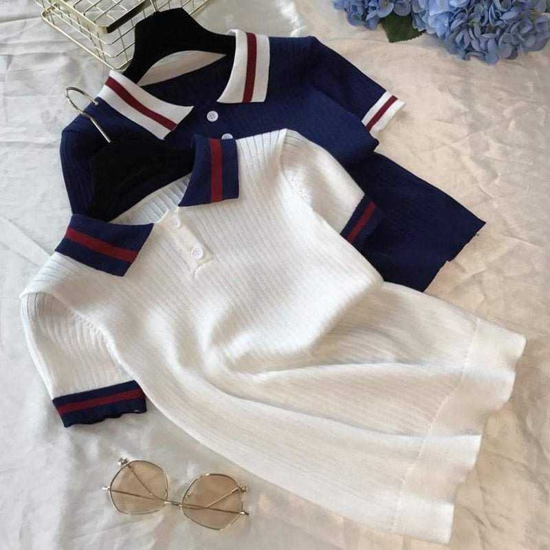 Knitted Summer Ladies Polo Shirt White Poles Women Sweet Short Sleeve Basic Tee Shirt Female Clothing Fashion 2020 New