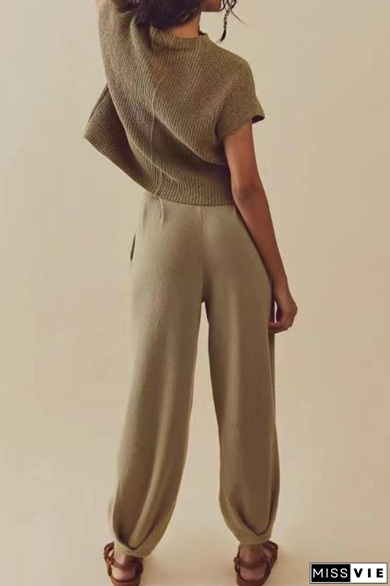 Casual Simplicity Solid Pocket O Neck Two Pieces(5 Colors)