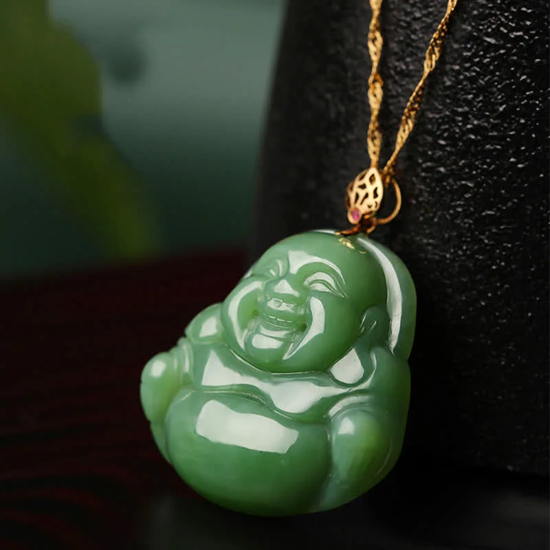 Laughing Buddha 925 Sterling Silver Hetian Cyan Jade Luck Chain Necklace Pendant