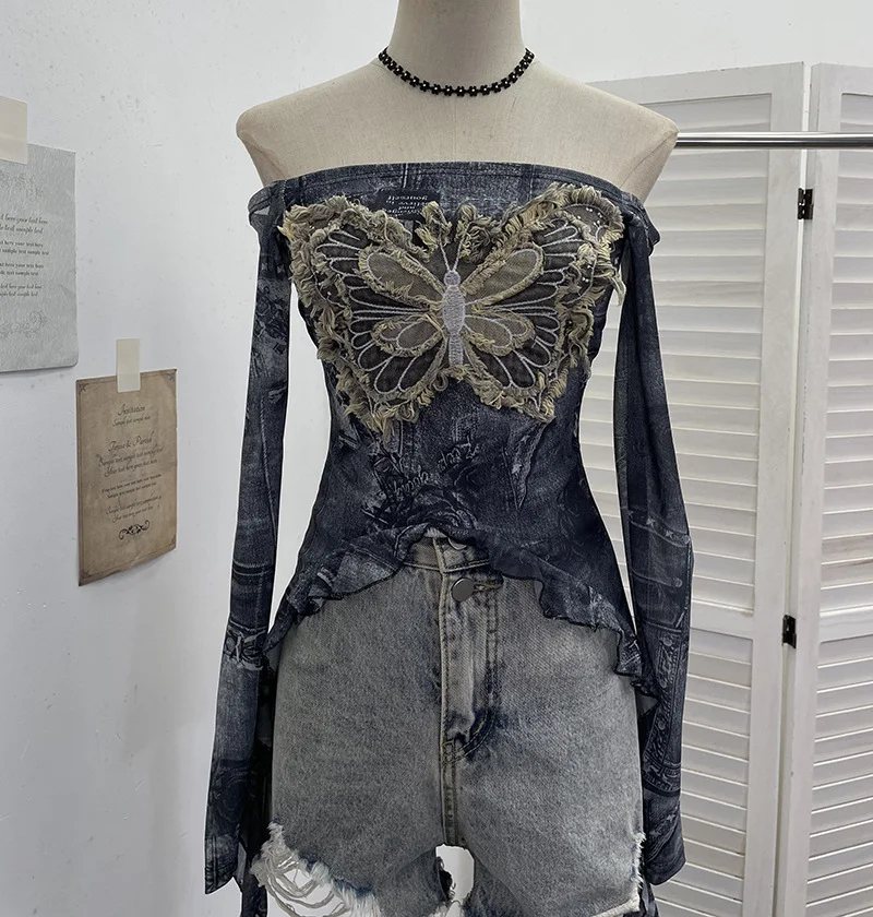 Nigikala Nigikala Shot Raging Butterfly Embroidery Y2k Babes Punk Word Shoulder Tie-Dye Mesh T-Shirt With Short Top 1319