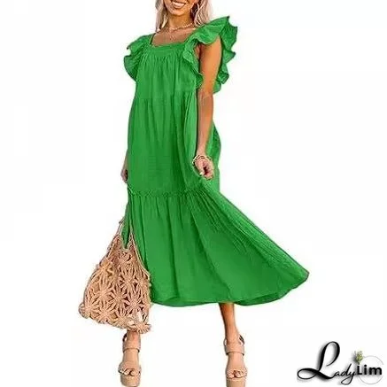 Square Collar Off-the-Shoulder Pleated Dress for Women