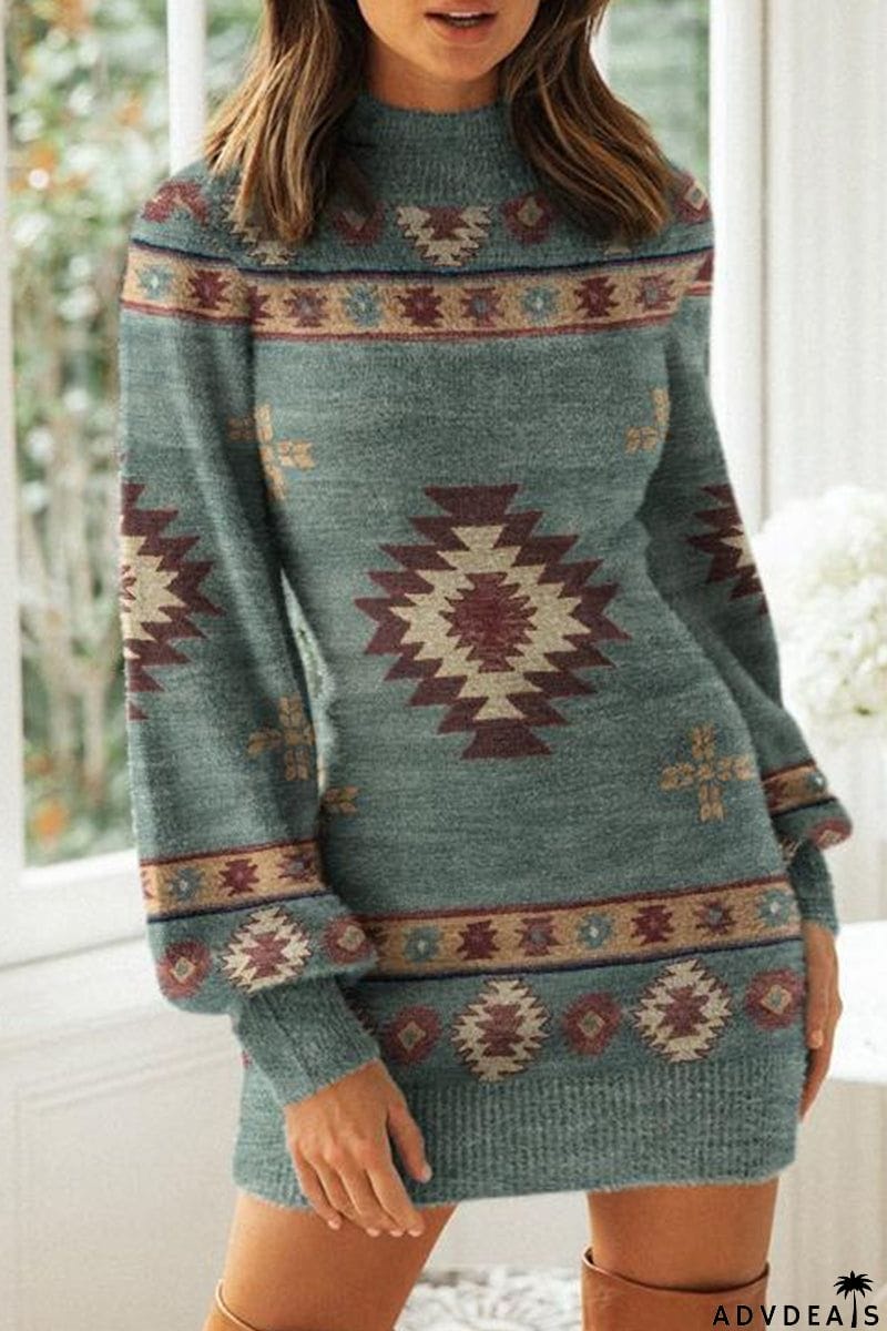 Work Print Patchwork Mandarin Collar One Step Skirt Dresses