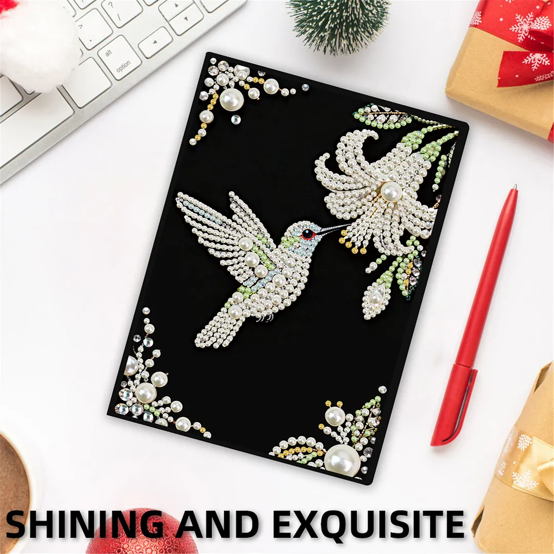 Flowers and Hummingbirds Partial Pearl DIY 50 Pages A5 Diamond Painting Notebook Special Shaped Diamond Art Diary Book Kits Wireless Strip 5D Crystal Art Paintings Sketchbook for Art Drawing