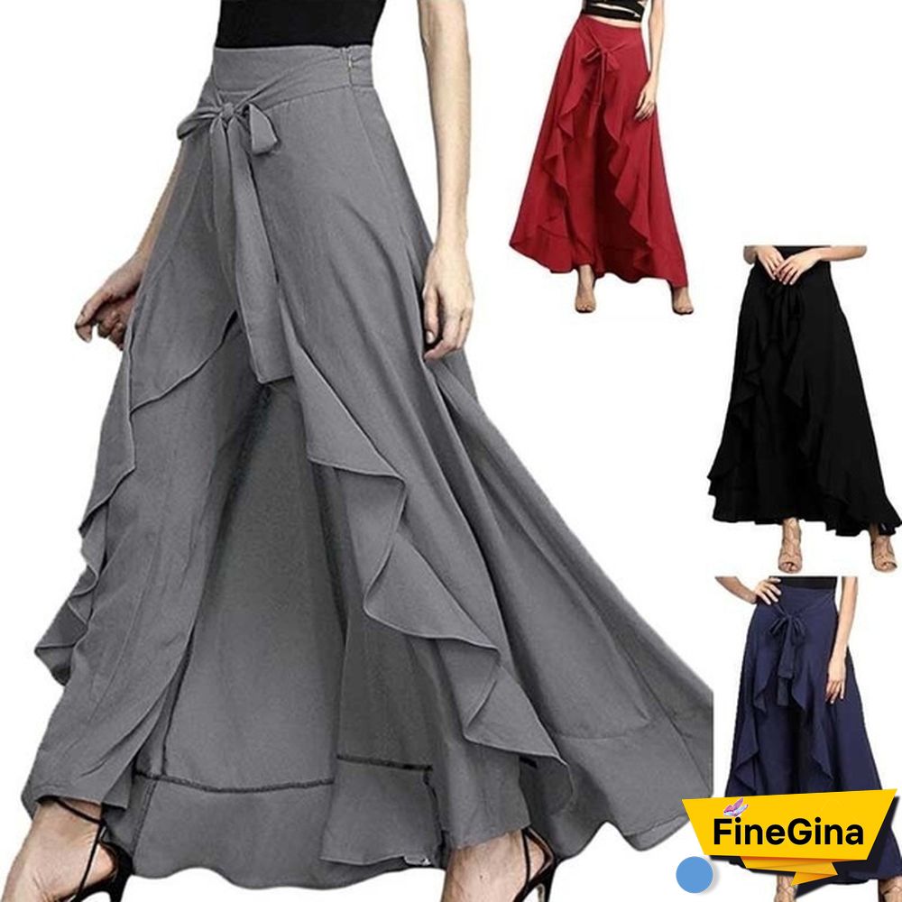 Summer Women's Skirt Pant Ruffle Palazzo Trouser Boho Wide Leg Loose Skirt Pants