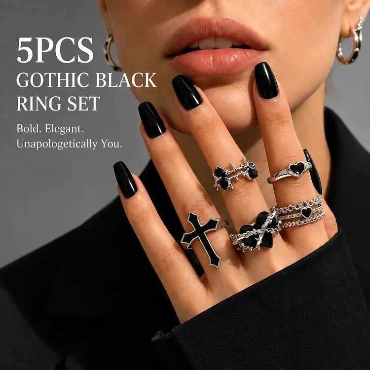 5-Piece Gothic Ring Set &ndash; Black Heart, Cross & Thorn Rings, Vintage Punk Stackable Jewelry, Halloween Gift for Women