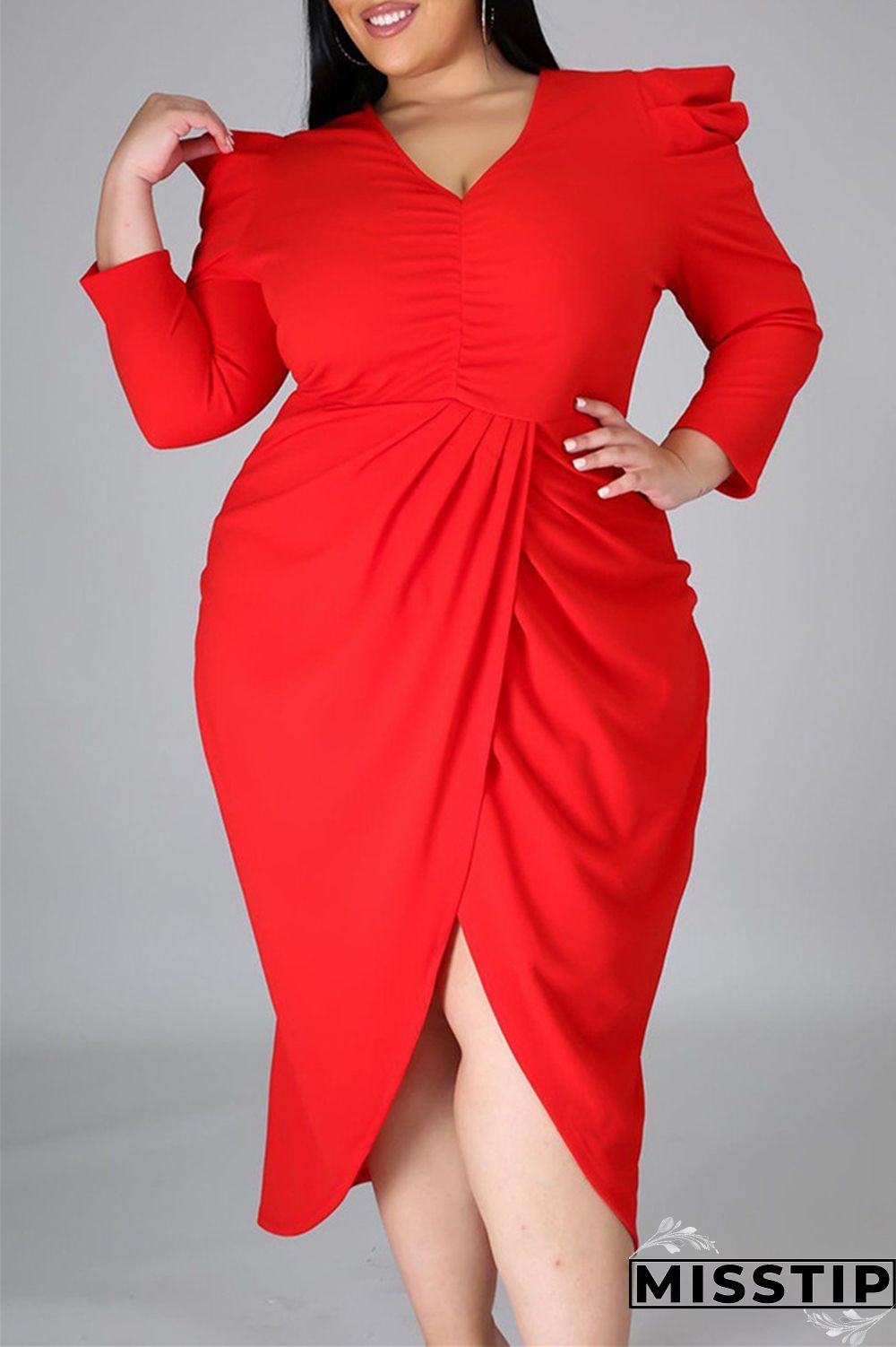 Black Fashion Casual Solid Patchwork V Neck Long Sleeve Plus Size Dresses