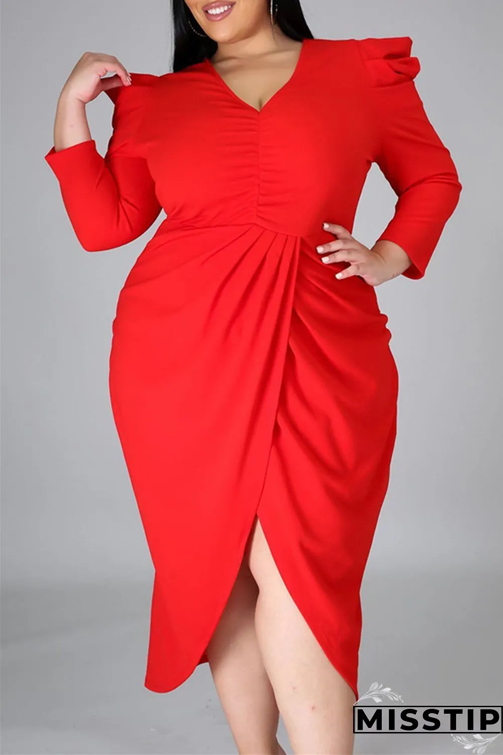 Black Fashion Casual Solid Patchwork V Neck Long Sleeve Plus Size Dresses