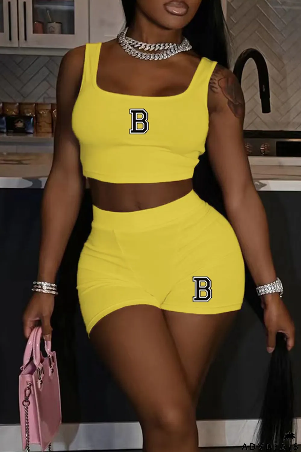 Orange Casual Print Patchwork U Neck Two Pieces