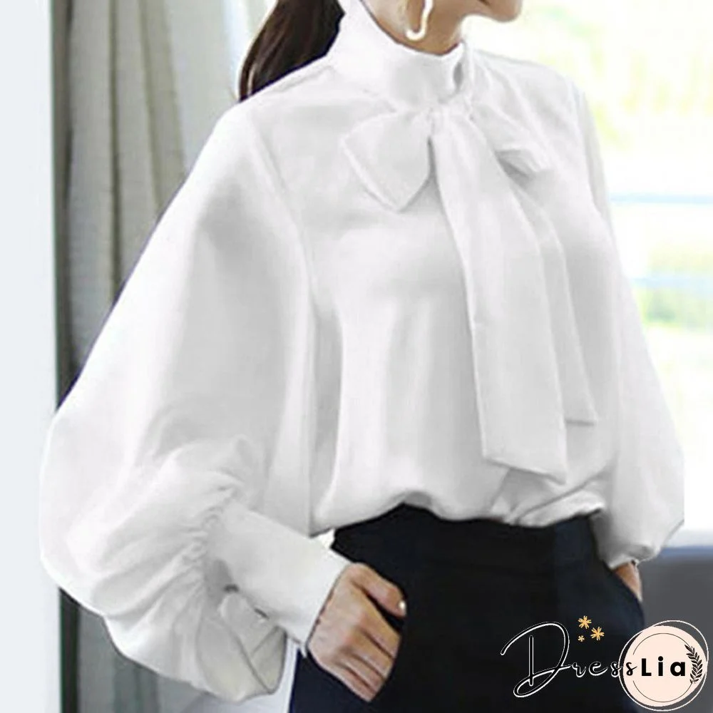 Fashion Elegant Women Blouse Casual High Collar Lantern Sleeve Blusas Bow Tops OL Office Lady Shirt Plus Size