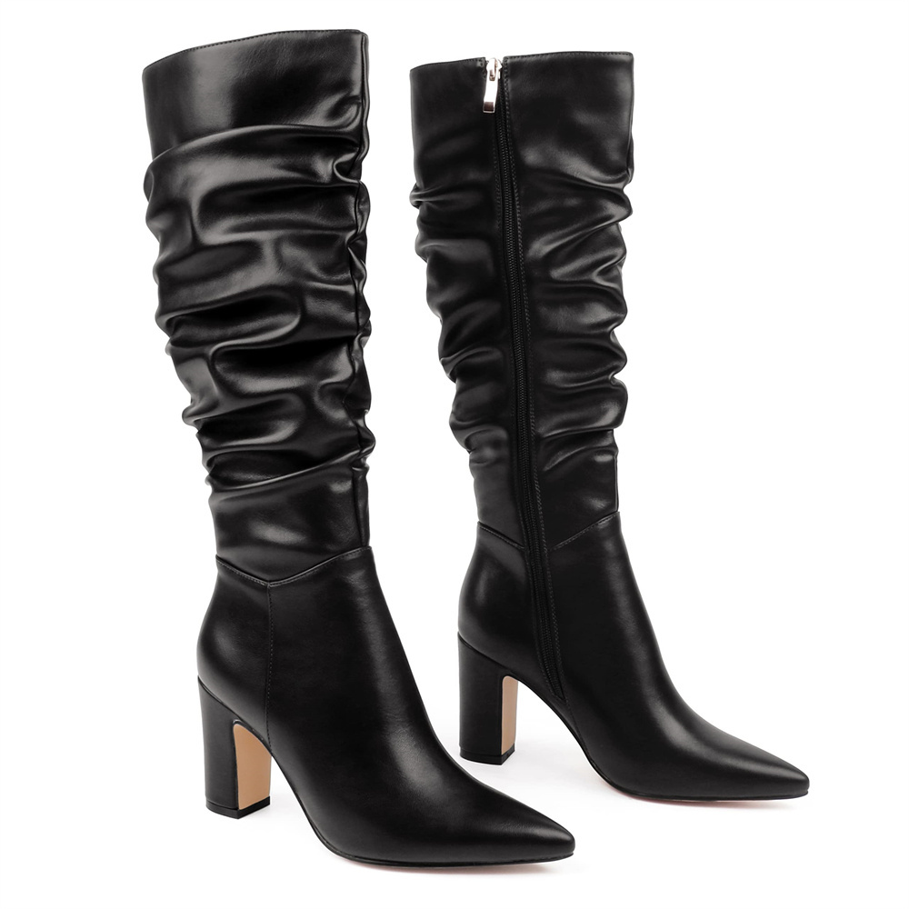 3.35"/8.5cm Women's Knee Boots Chunky Heels Zipper Fashion Sexy Matte Slouchy Boot-MERUMOTE