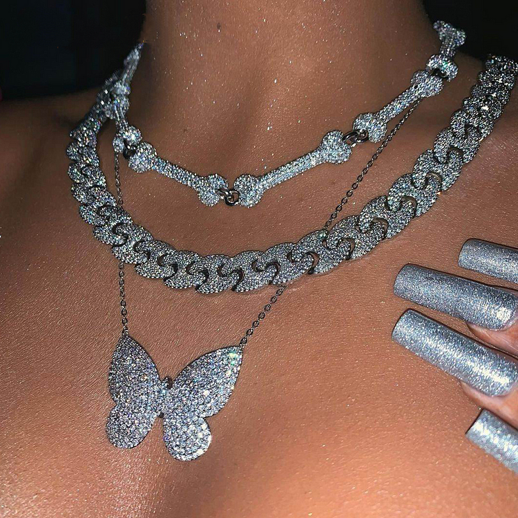Full Zircon Iced Out Butterfly Women Choker Hip Hop Necklace Jewelry-VESSFUL