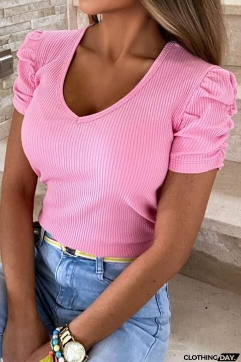Puff Sleeve V-Neck Ribbed Top