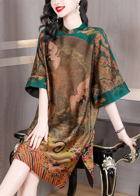 Women Green Oversized Print Silk Chinese Style Dress Half Sleeve