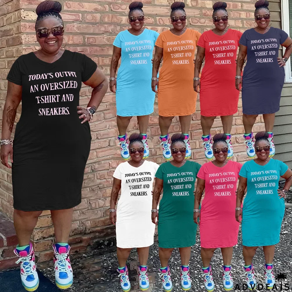Plus Size Letter Print V Neck Short Sleeve T Shirt Dress