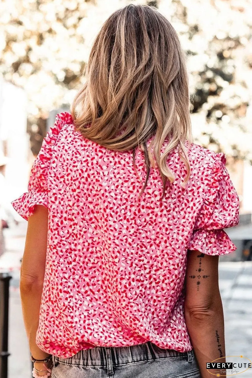 Layered Plaid Short Sleeve V-Neck Lotus Leaf Blouses