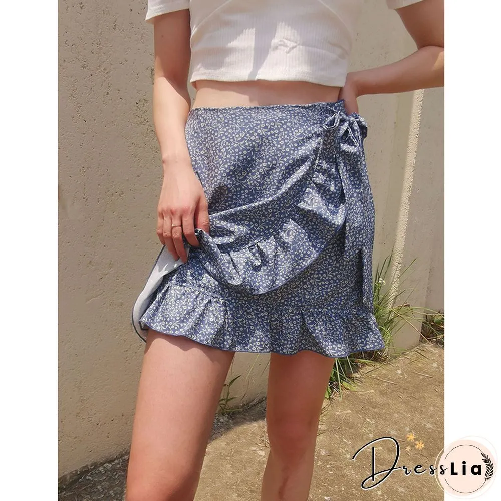 High-waist Lace-up Skirt European And American Ruffled Irregular Print Zipper Skirt