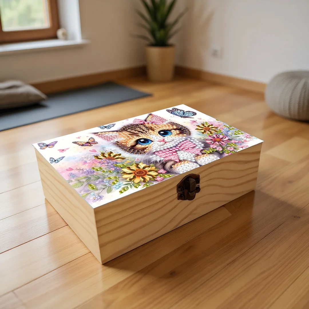 5D DIY Diamond Painting Handmade Wood Storage Box for Home Decor Craft (Cat)
