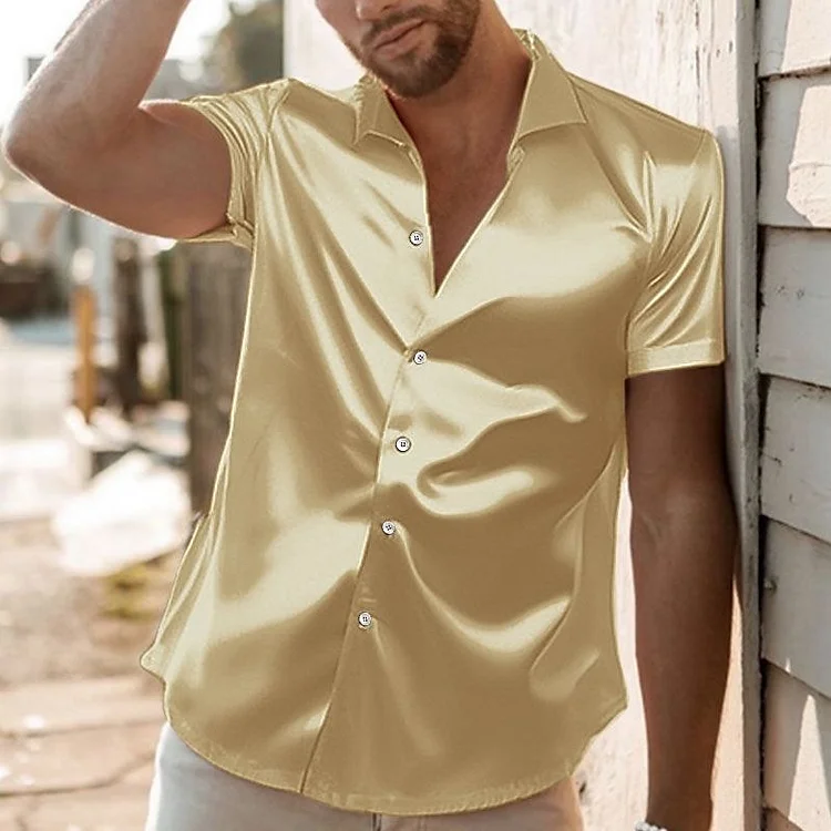 Men's Casual Plain Buttons Lapel Collar Short Sleeve Shirt