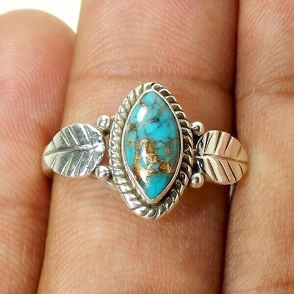 925 Silver Vintage Turquoise Leaf Ring