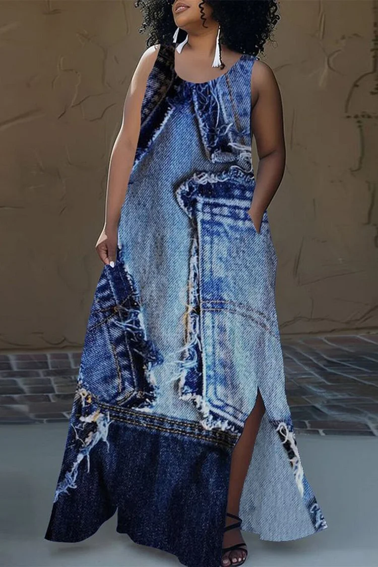 Plus Size Vacation Blue Casual All Over Print Pocket Split Maxi Dresses 2024 - Xpluswear
