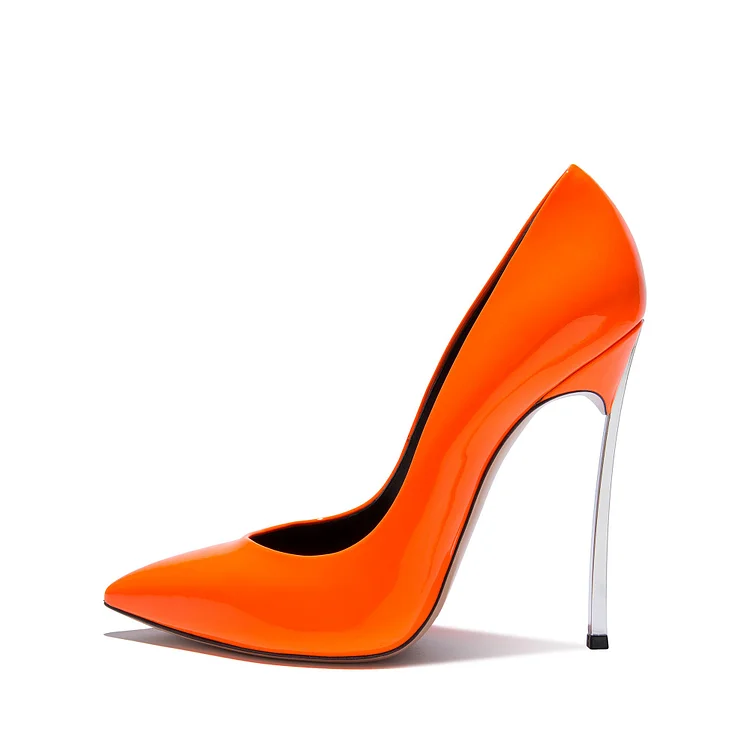 FSJ Shoes Orange Super Stiletto Heels Pointy Toe Patent Leather Pumps |FSJ Shoes