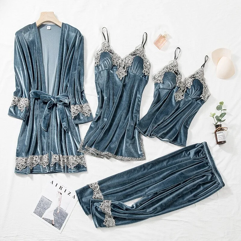 Velvet Women Sleepwear Pajamas Four-Piece Set  Lace Trim Bathrobe Trouser Suits Autumn Winter Velour Home Clothes Loungewear