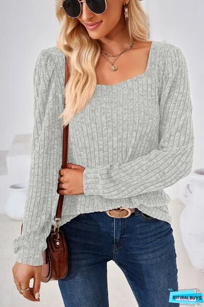 Ribbed Square Neck Long Sleeve T-Shirt