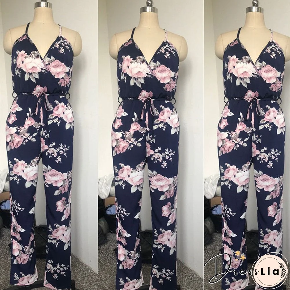 Women Jumpsuit Sleeveless Strappy V-Neck Floral Romper Overalls Fashion Summer Ladies Backless Pencil Trousers Jumpsuit