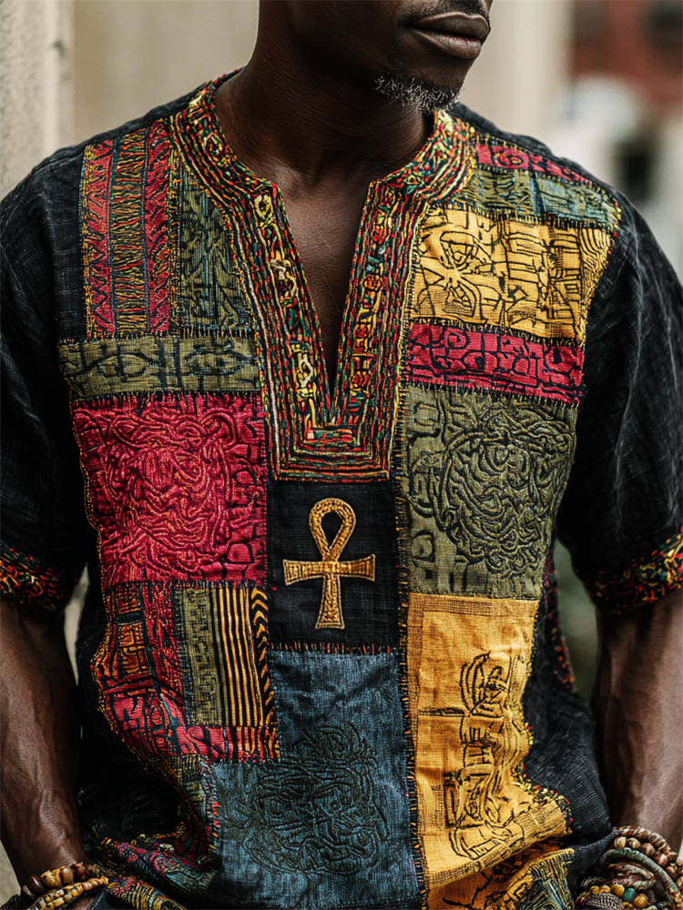 Men's Ankh Reggae Rasta Ethnic Colorblock Patchwork Linen Shirt