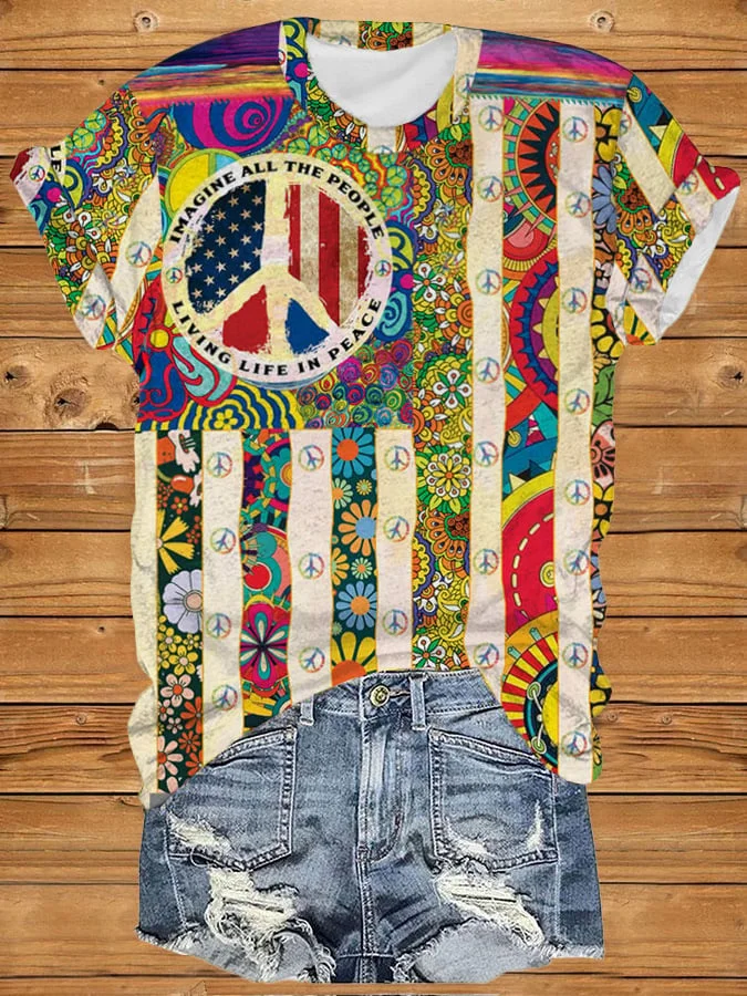 Women's Hippie Print V-Neck T-Shirt socialshop