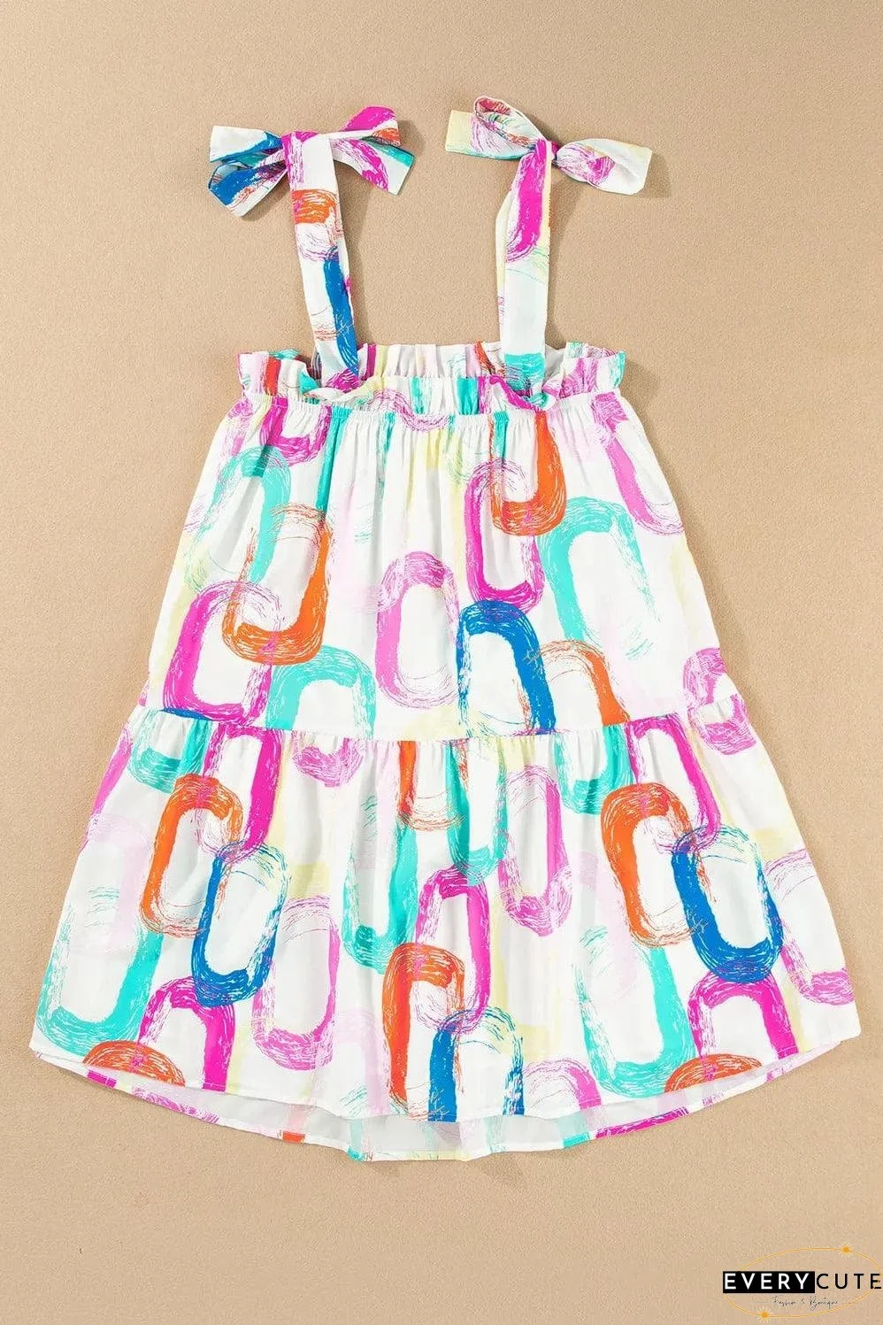 White Abstract Print Knotted Straps Ruffled Mini Dress