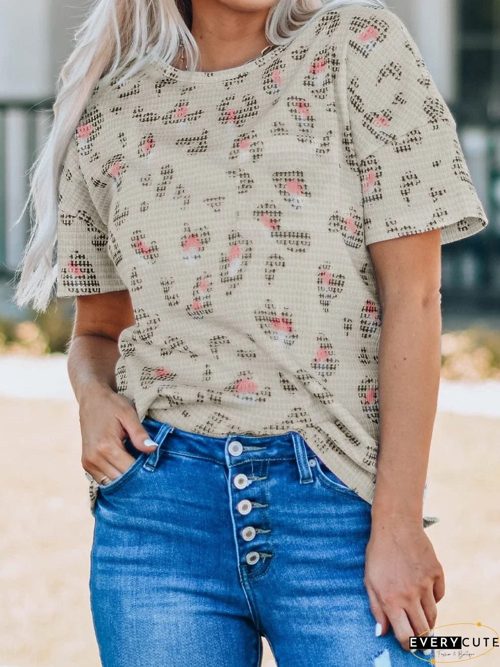 Leopard Print Waffle Knit Summer Top with Pocket