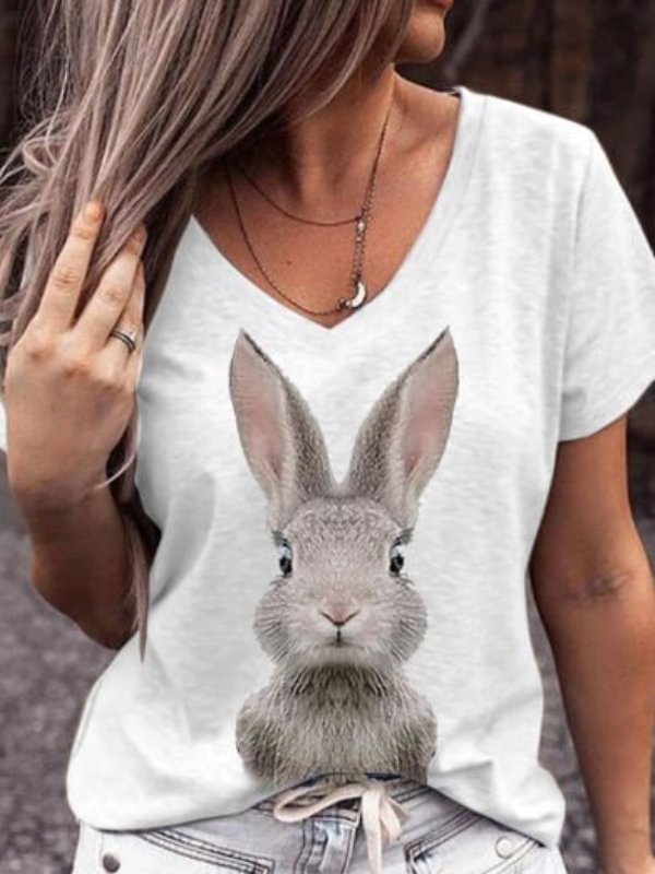 Women's Easter Cute Bunny Print Casual Tee Shirt
