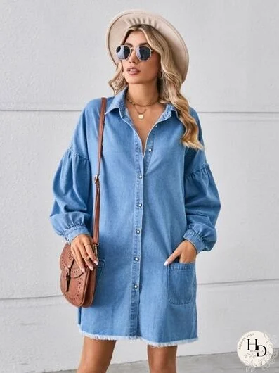 Button Up Pocketed Raw Hem Denim Dress
