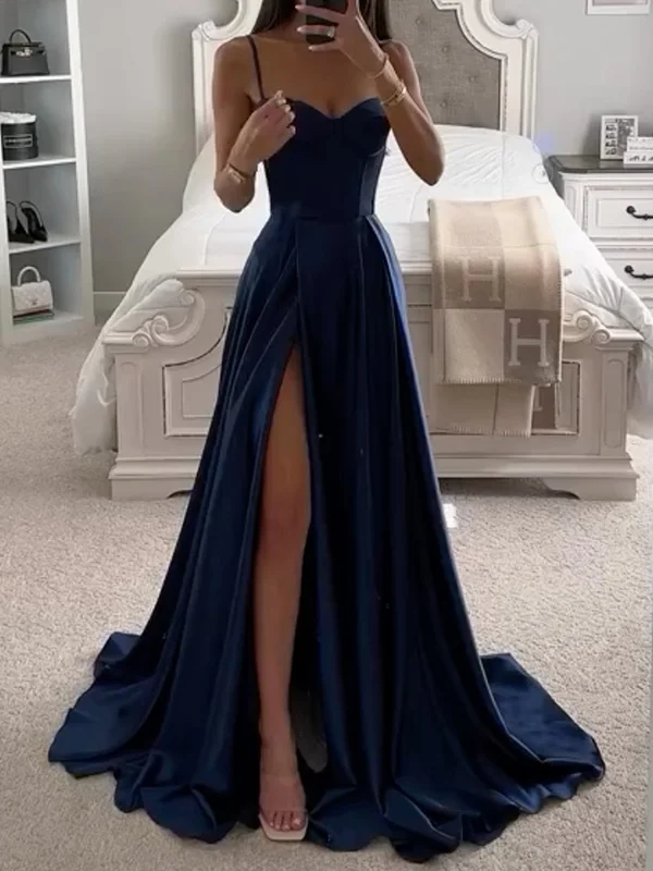 solid color tube Spaghetti-Neck Split-Side Evening satin Maxi Dresses