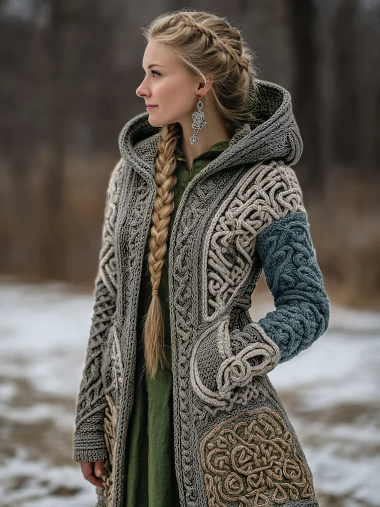 Women's Vintage Viking Celtic Knit Cozy Zipper Pocket Sweater Jacket