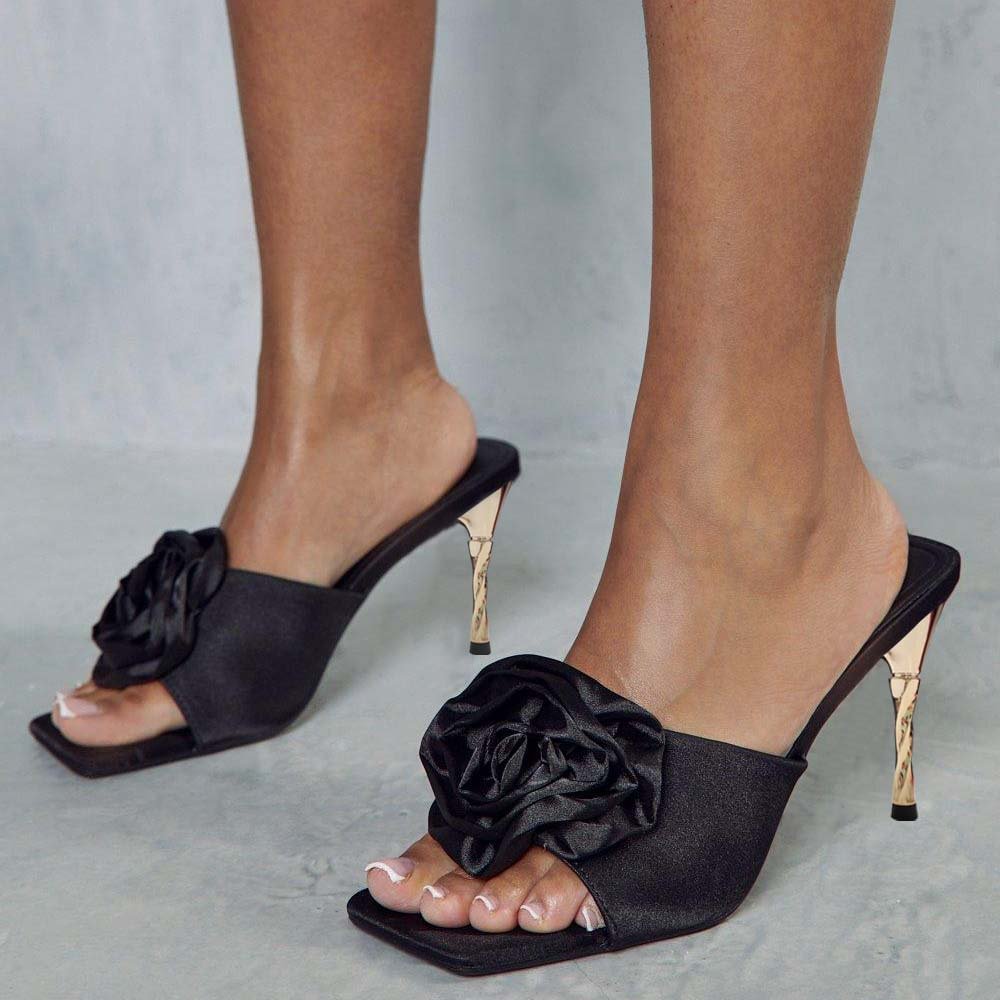 Women Sexy Square Toe Mules With Flower Decor Stiletto Heel Mules Nicepairs