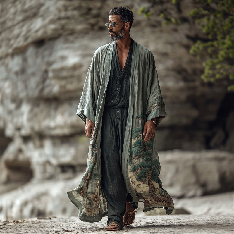 Men's Japanese Pine Tree Landscape Flowy Linen Long Kimono  artssus