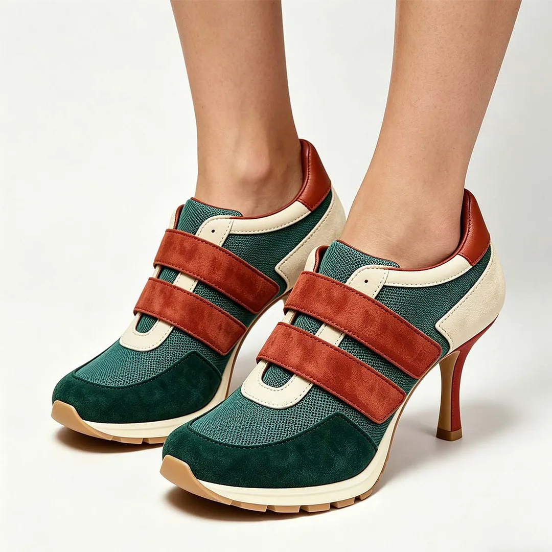 Multicolor Mesh Vegan Suede Velcro Closed Toe Stiletto Sneakers Heels