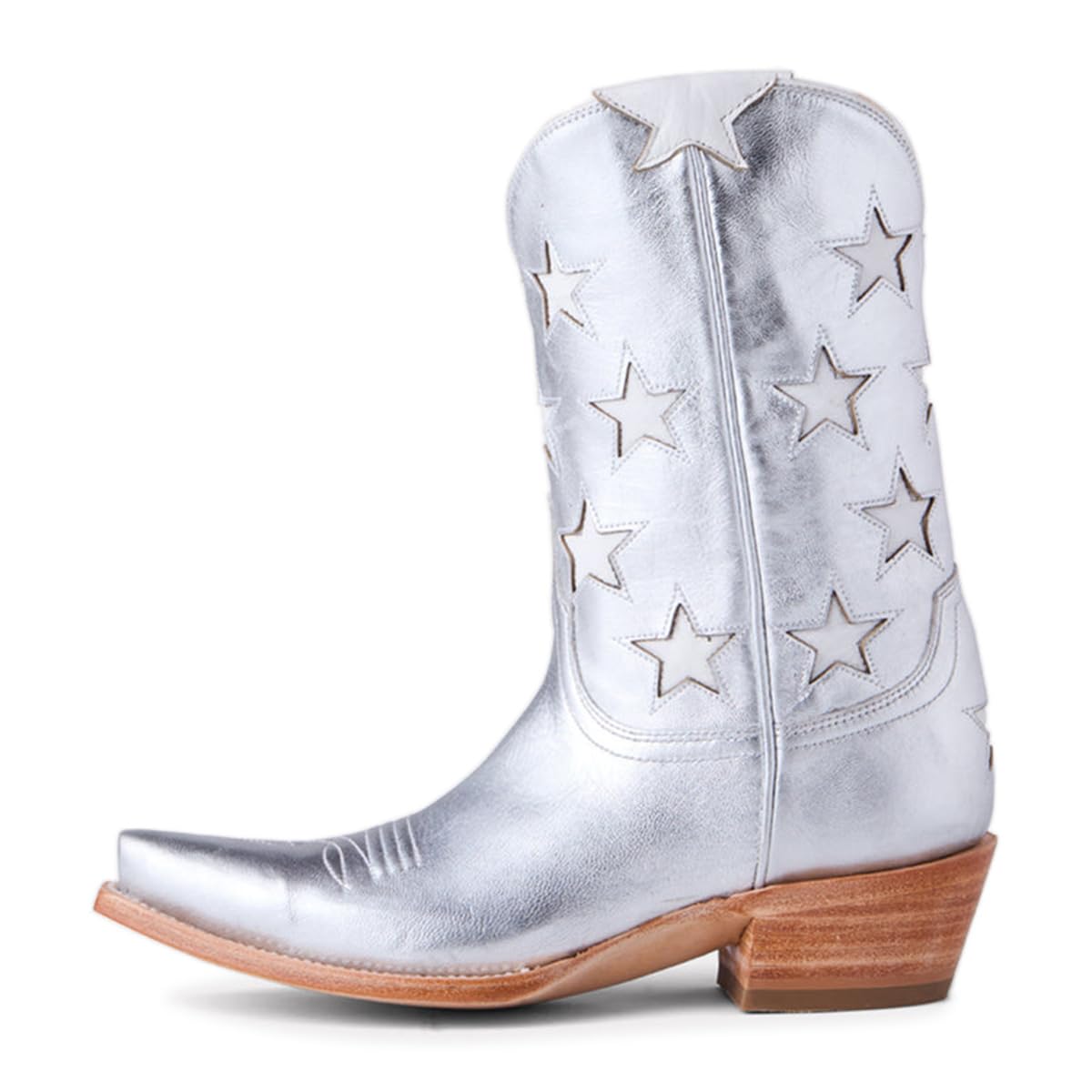 Silver Metallic Star Inlay Snip Toe Cowgirl Boots with Low Heel Nicepairs
