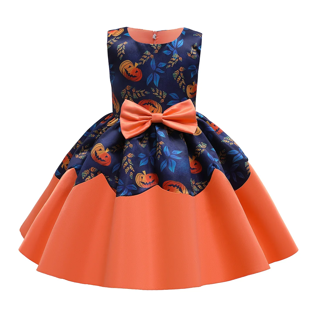 Buzzdaisy Halloween Princess Dress For Girl Round Collar Pumpkin Bow-Knot Sleeveless High-Definition Printing Pattern Cotton Autumn