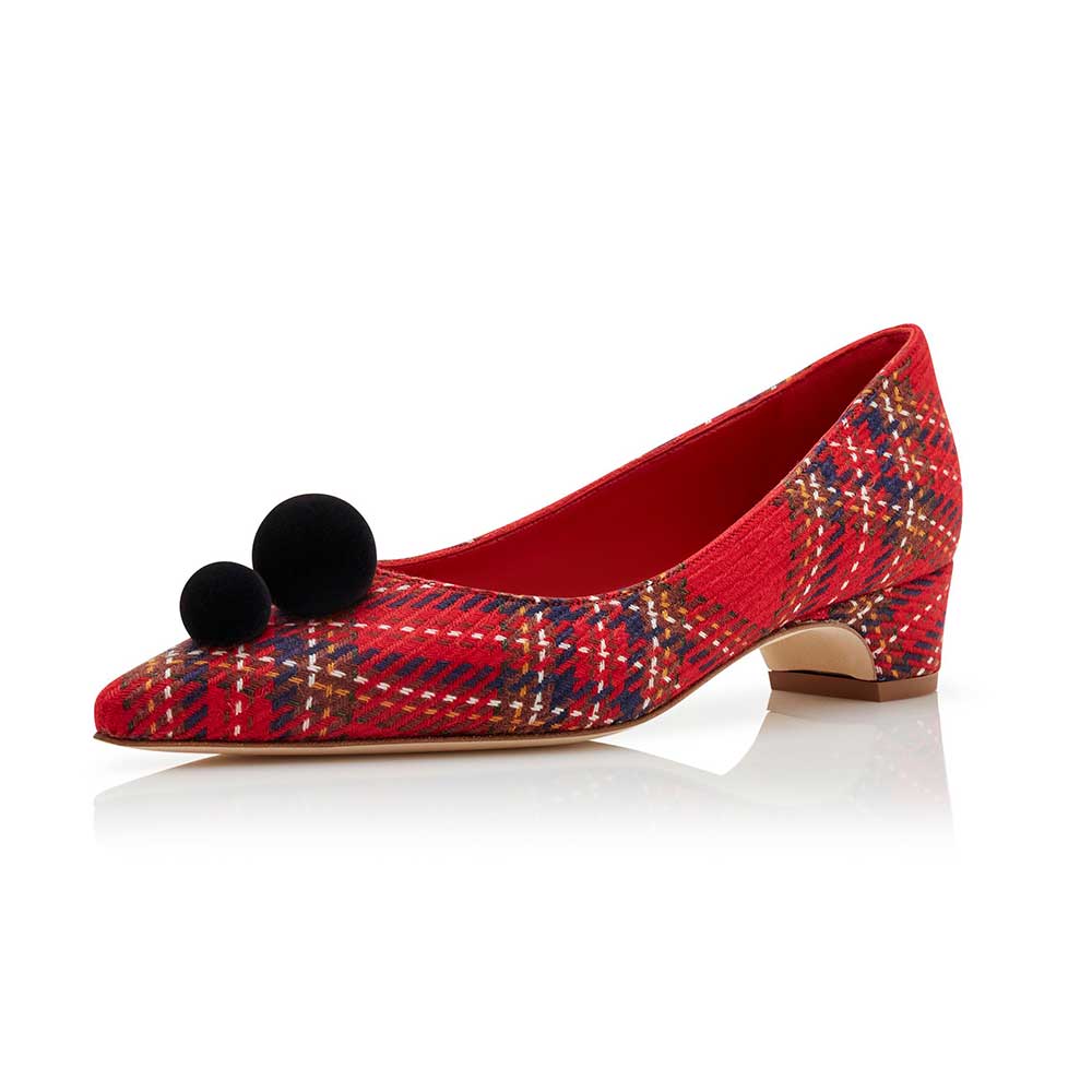 Red Tartan Pointed Toe Low Block Heel Pumps Shoes with Pom Poms Nicepairs
