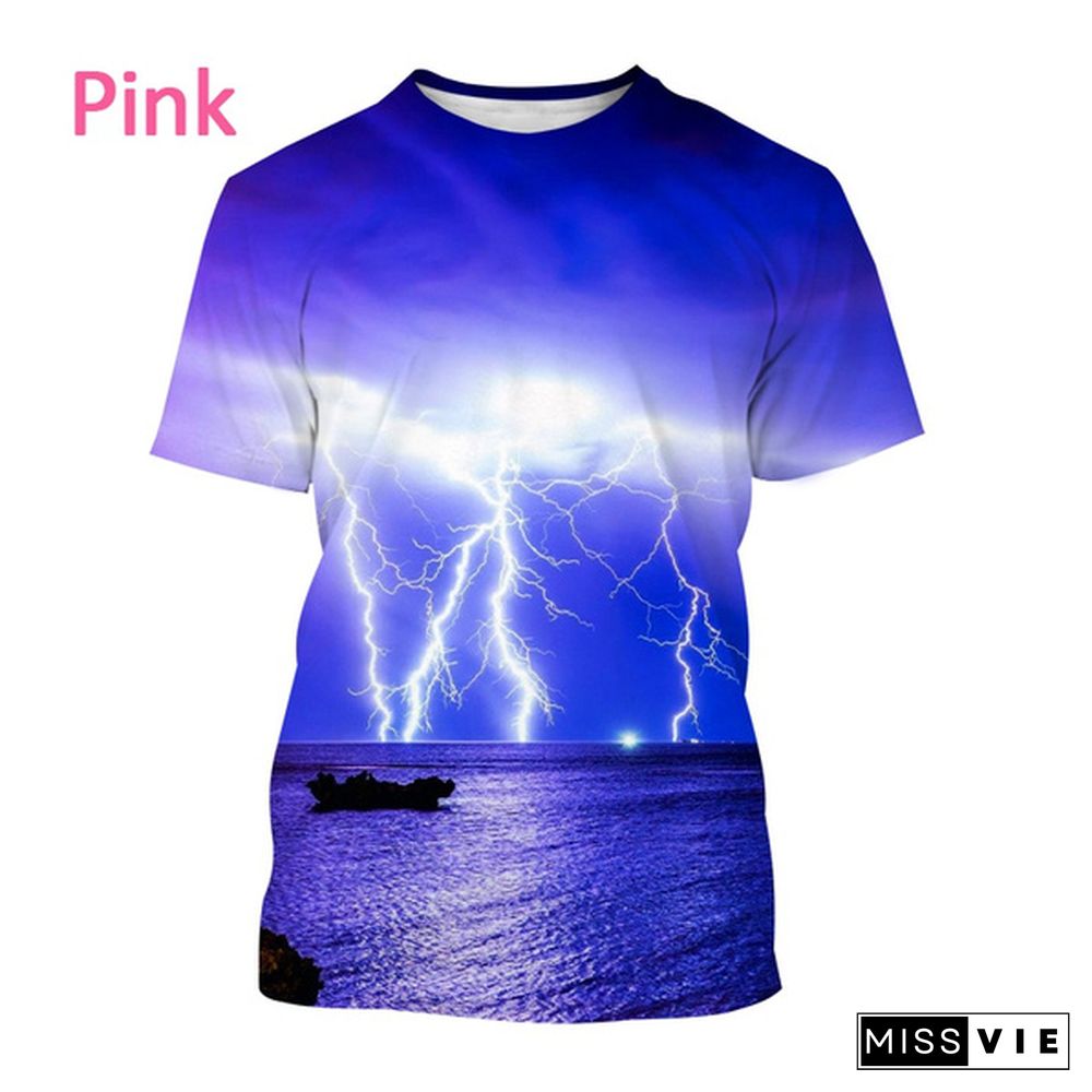 New Creative Design Lightning 3D Printing T-shirt Fashion Unisex Personality Natural Phenomenon Pattern Casual Round Neck Short-sleeved T-shirt Top