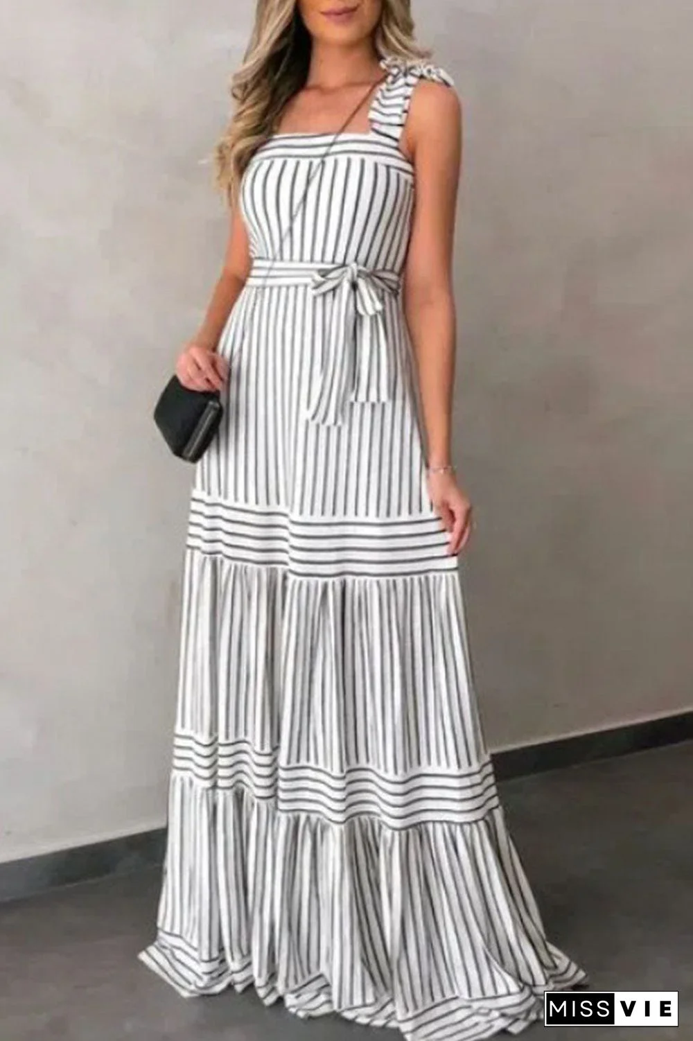 Sexy Casual Striped Bandage Patchwork Spaghetti Strap Pleated Dresses