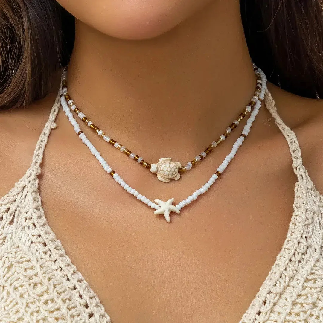 Brownm & Turtle Beaded Two-Pack Necklace Set